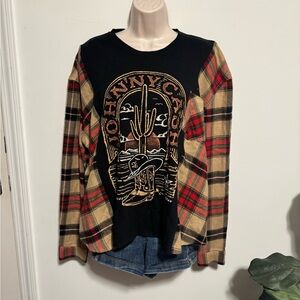 Reworked Johnny Cash Graphic Tee with Flannel Sleeves